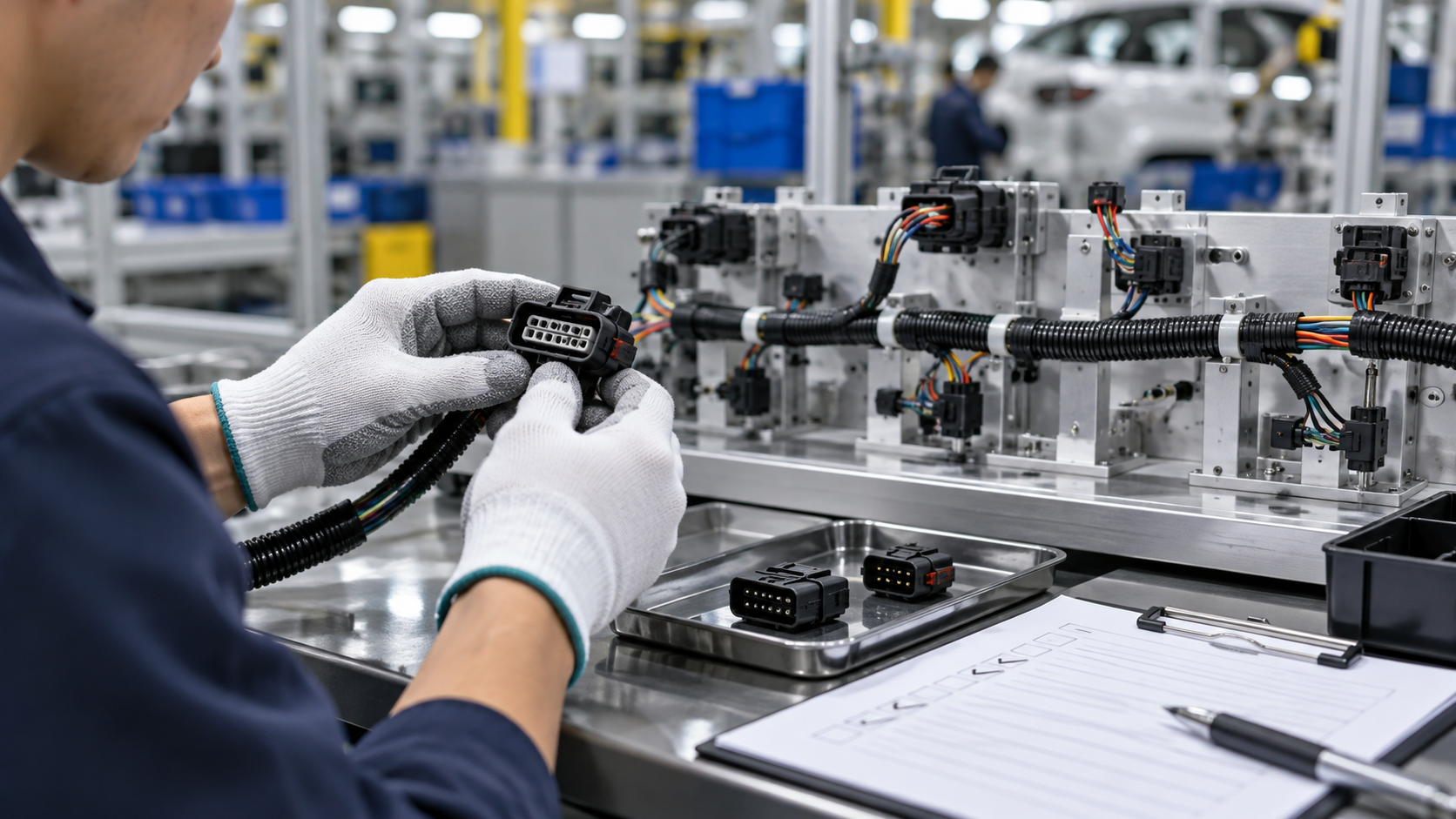 Quality engineer reviewing connector test records, material evidence, and lot traceability