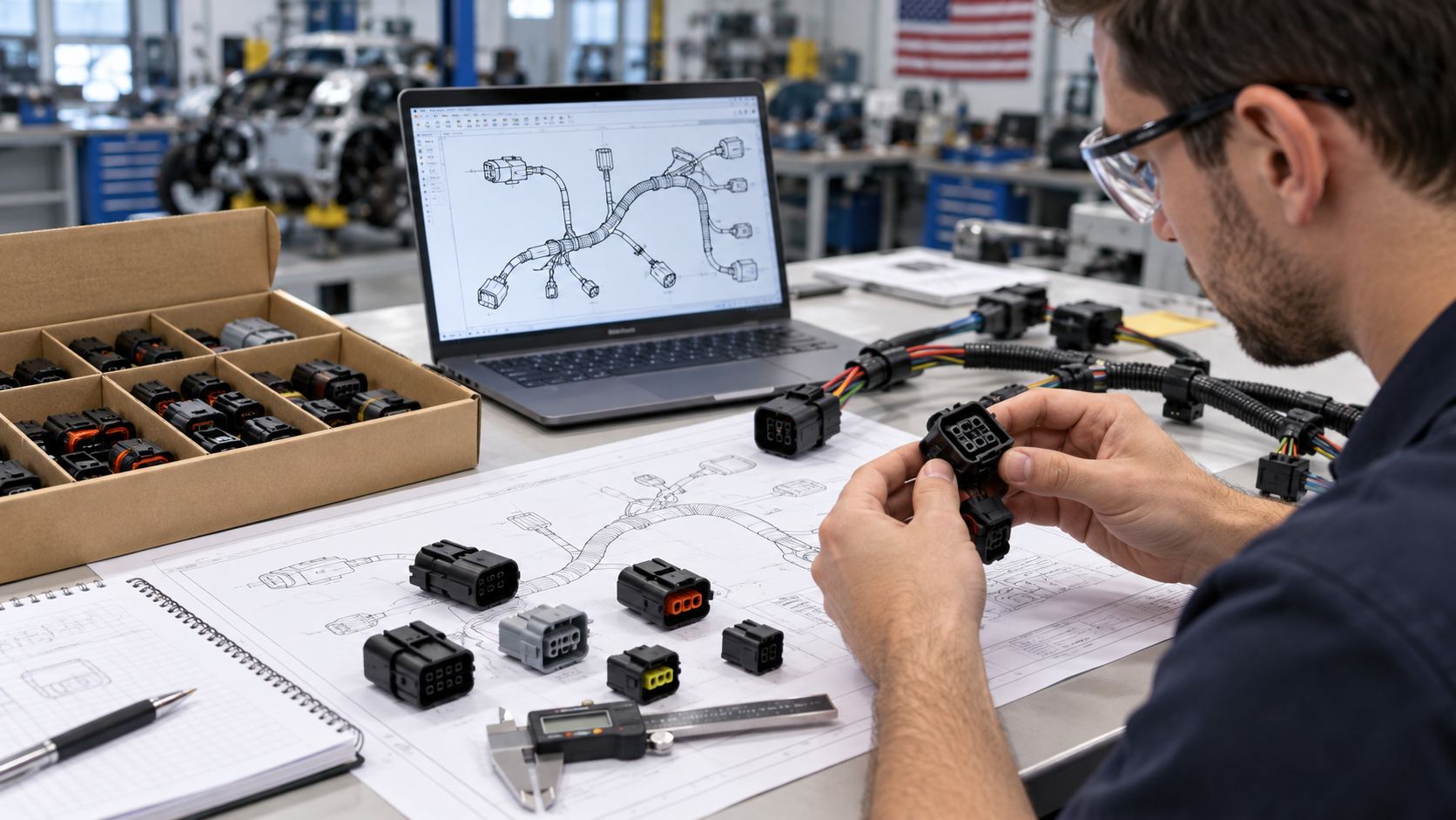 Automotive connector RFQ matrix showing electrical, mechanical, environmental, and manufacturing checks