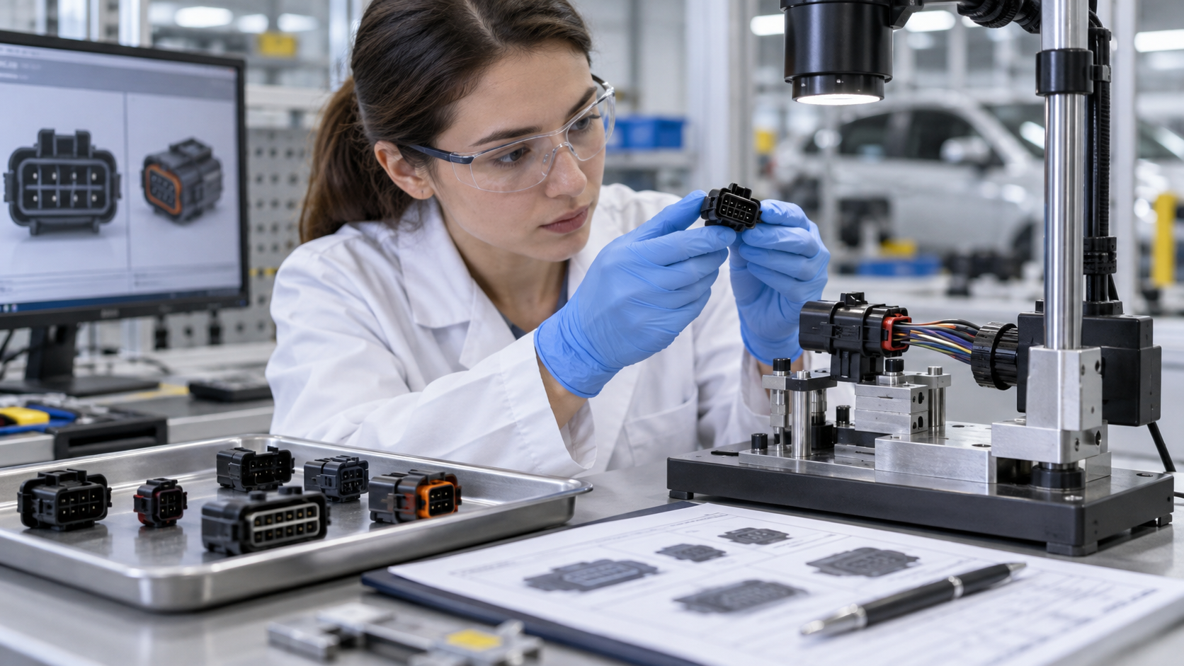 Sealed and unsealed automotive connector samples arranged by vehicle application zone