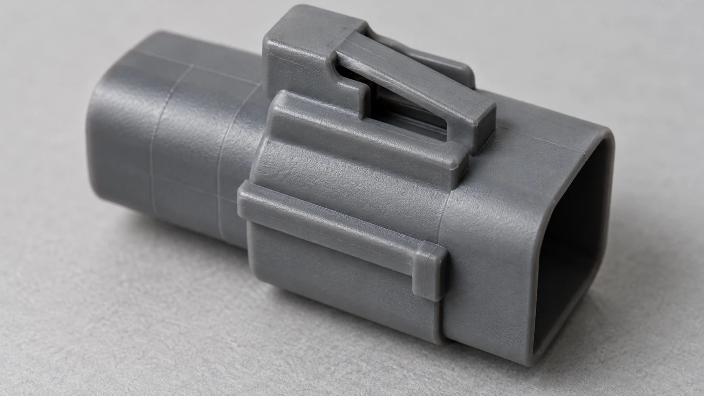 Close inspection of an unbranded connector housing latch and keying ribs