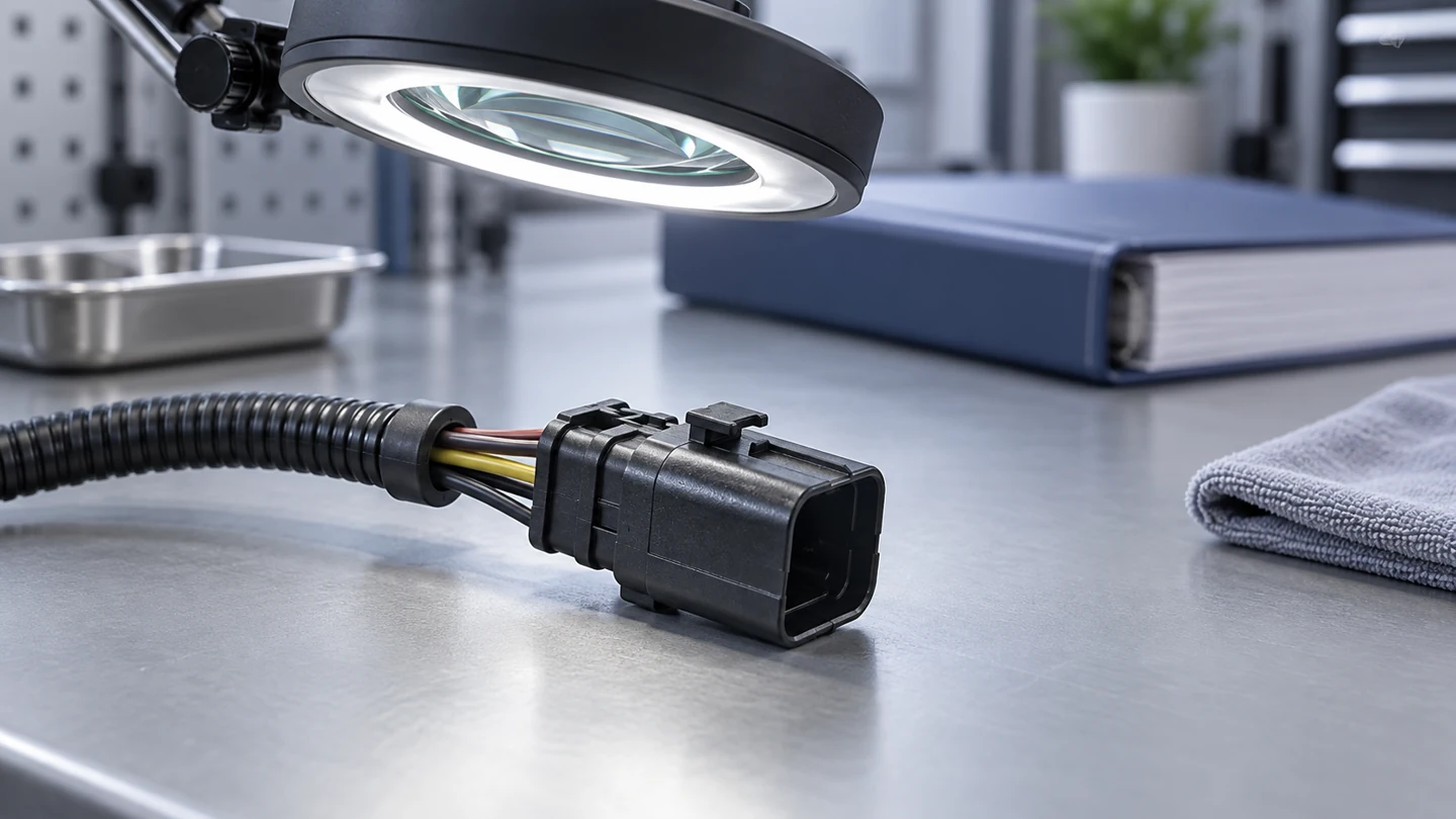 Disconnected sensor harness positioned next to an inspection magnifier