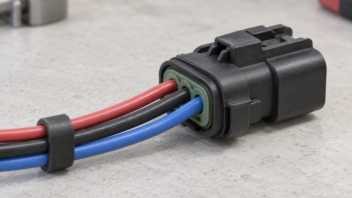 Generic connector wire-entry detail showing insulated wires at the rear of a housing