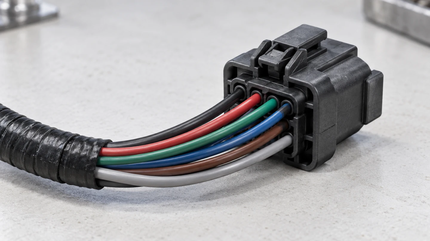 Rear exterior view of a generic automotive connector and supported wire bundle