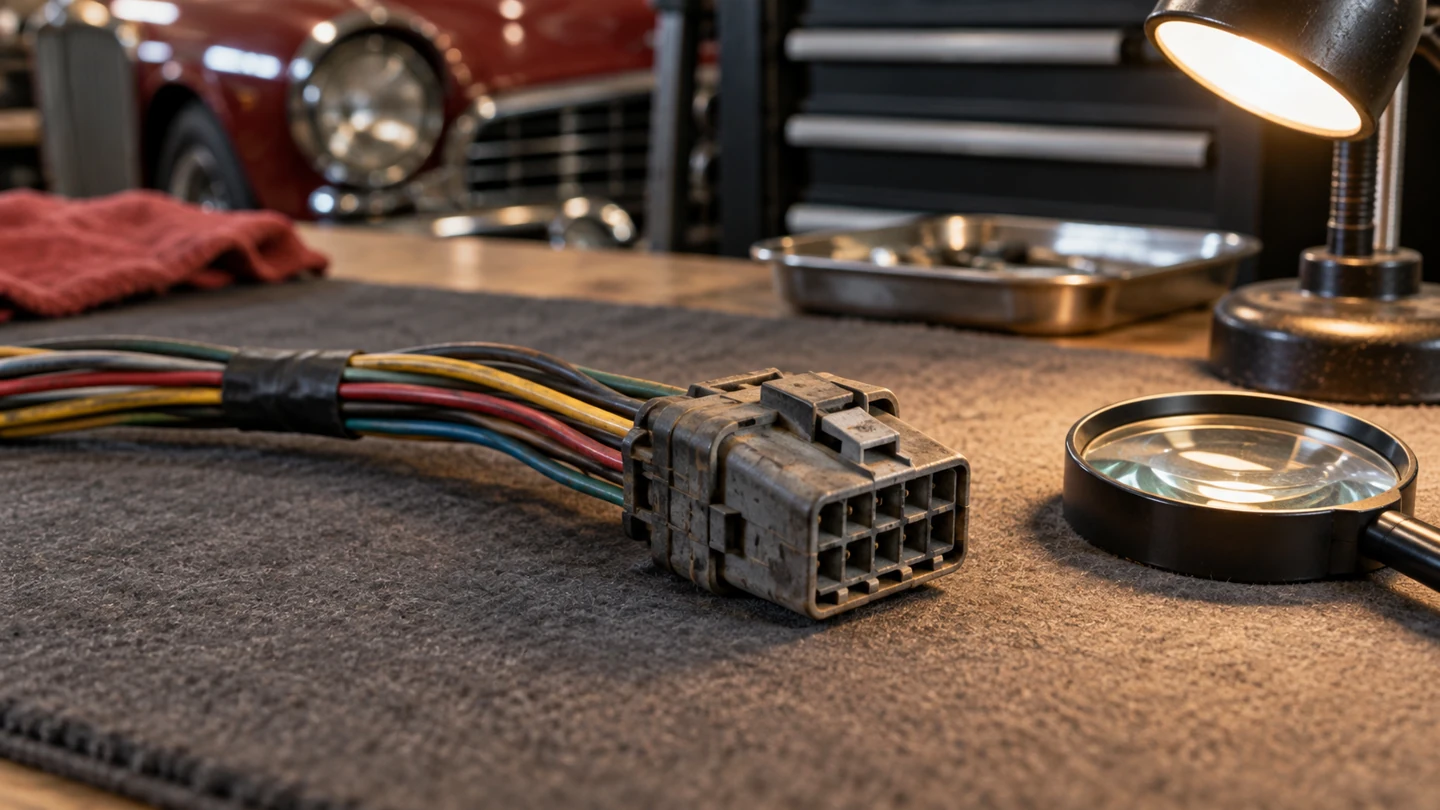 Inspection lamp and magnifier beside a generic automotive harness connector on a restoration mat