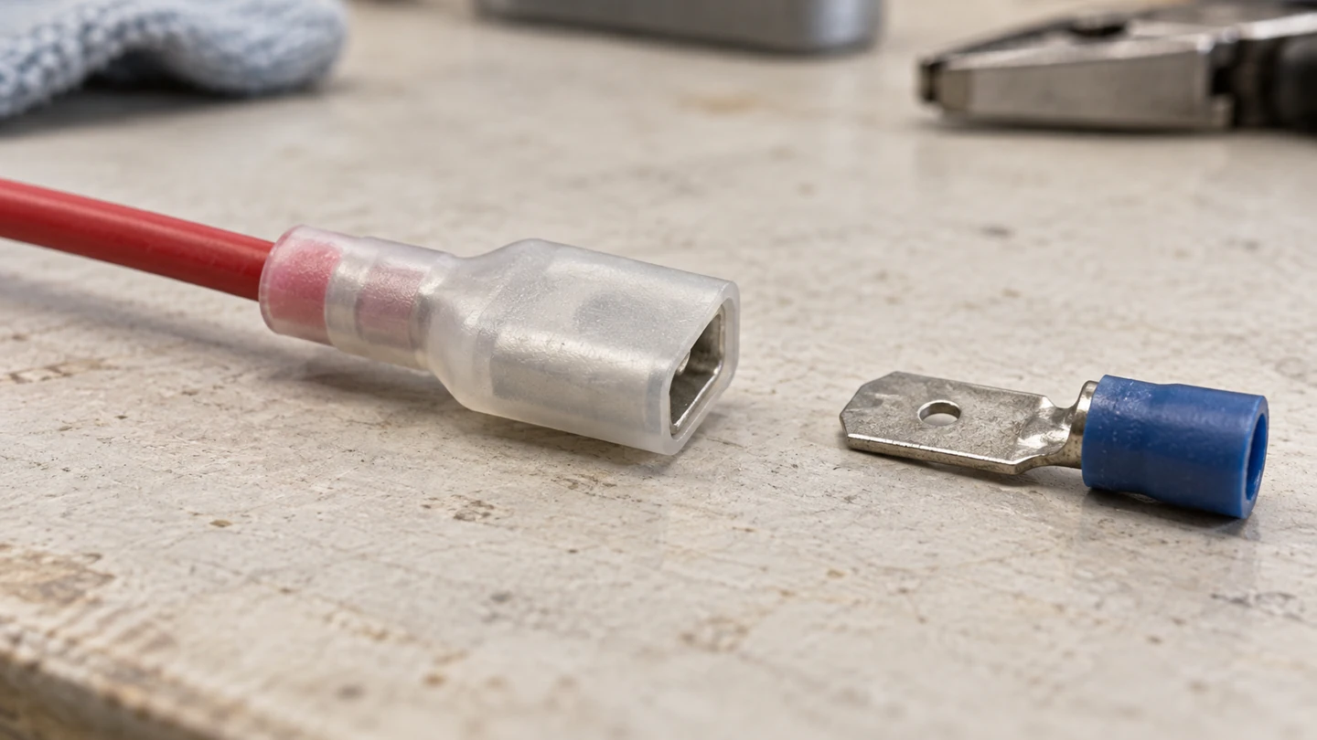 Macro view of a generic insulated flat-terminal sleeve during restoration assessment