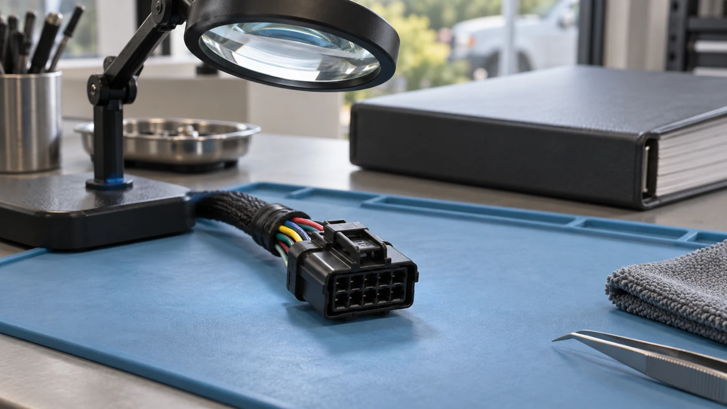 Generic disconnected vehicle connector under a bench inspection magnifier